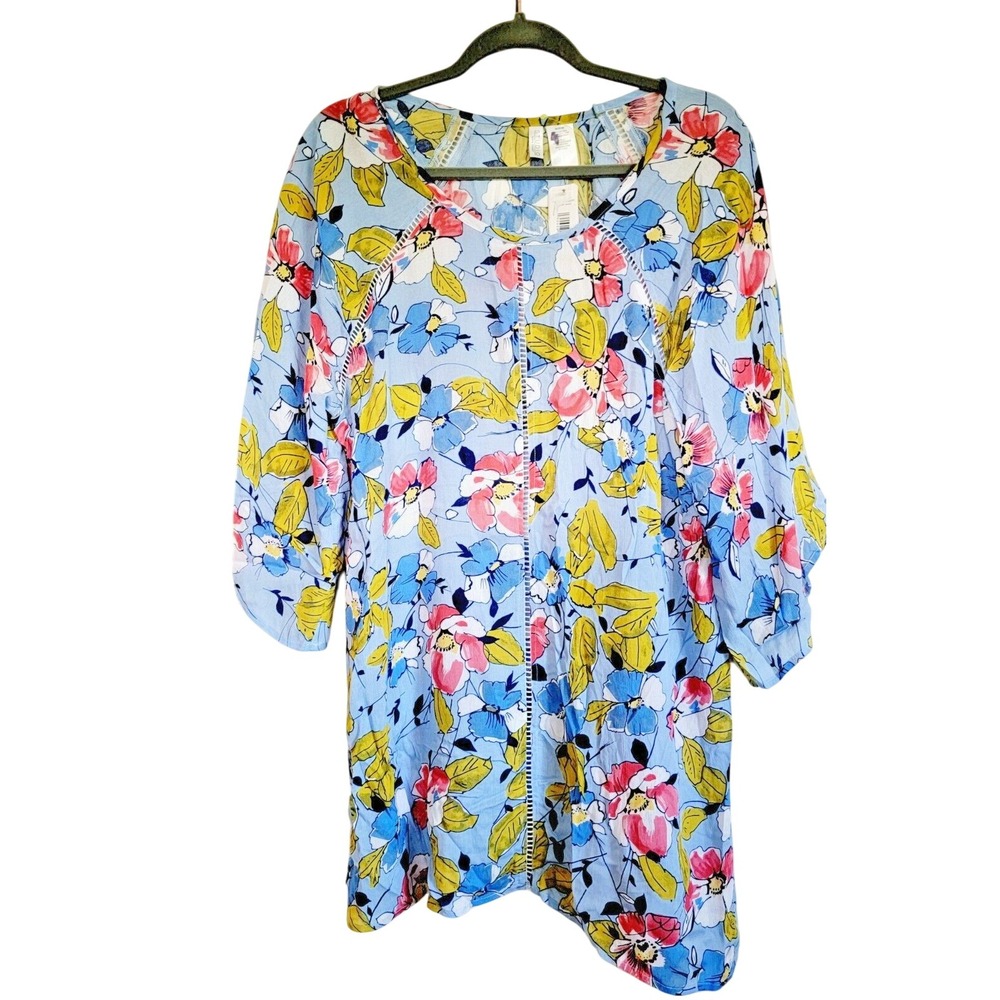 Anne Cole Macy's M Blouse Tunic Floral Blue Rayon 3/4 Slv Round Neck NWT RV $78‎